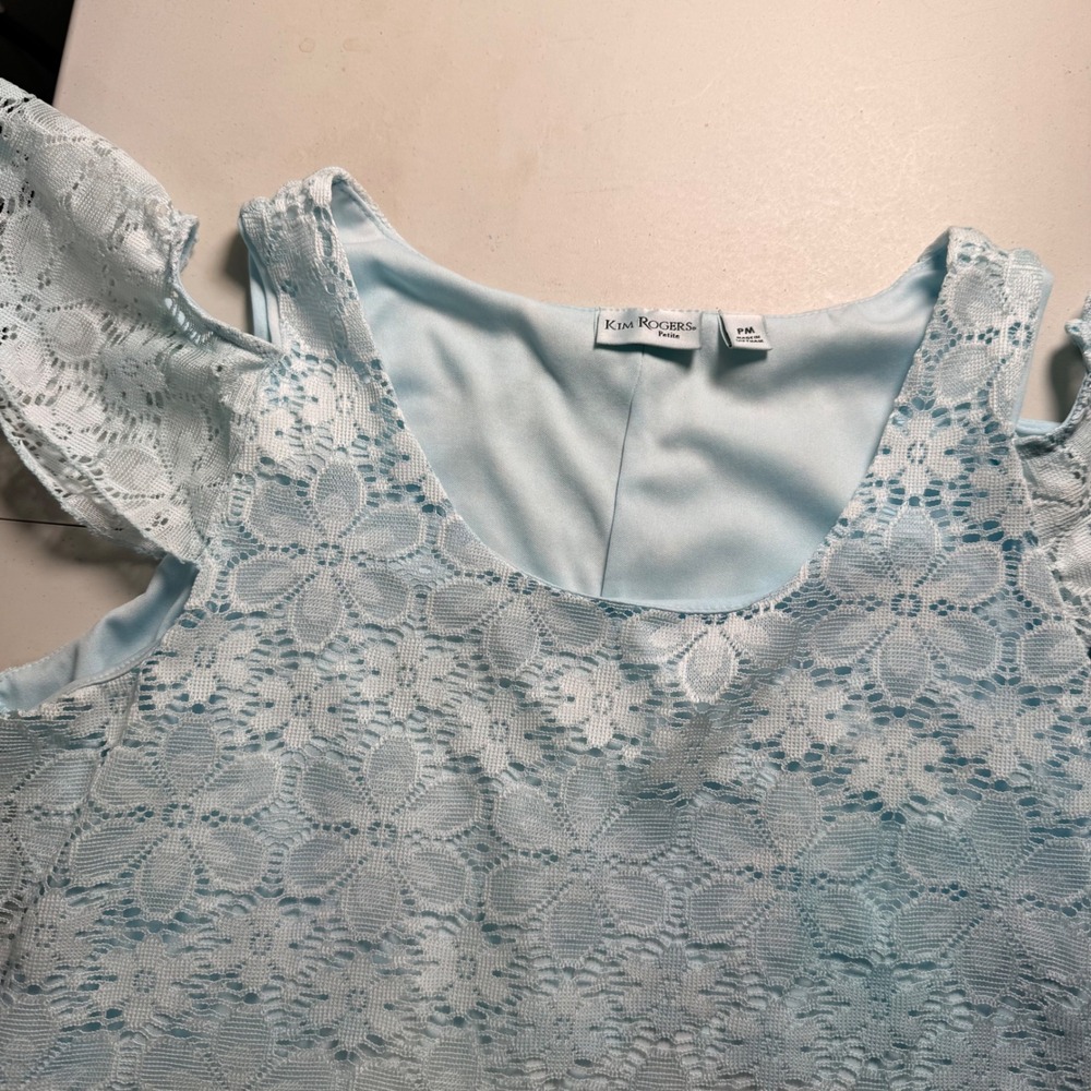 Kim Rogers Petite PM Light Blue Floral Lace Cold Shoulder Flutter Sleeve Dress